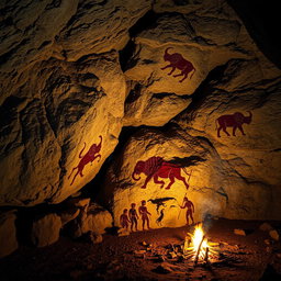 A breathtaking scene showcasing prehistoric stone age art, featuring ancient cave paintings on rugged, textured rock walls