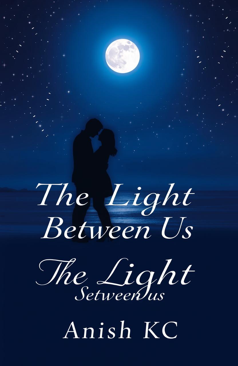 A romantic night shore scene titled 'The Light Between Us'