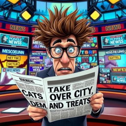 A humorous meme depicting an exaggerated news reporter looking shocked while reading an absurd headline