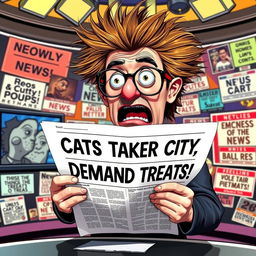 A humorous meme depicting an exaggerated news reporter looking shocked while reading an absurd headline