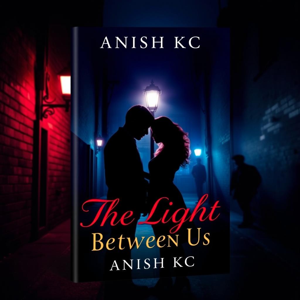 A beautifully designed book cover for the novel "The Light Between Us" by Anish KC, featuring elements of romance intertwined with crime, suspense, thriller, and mystery