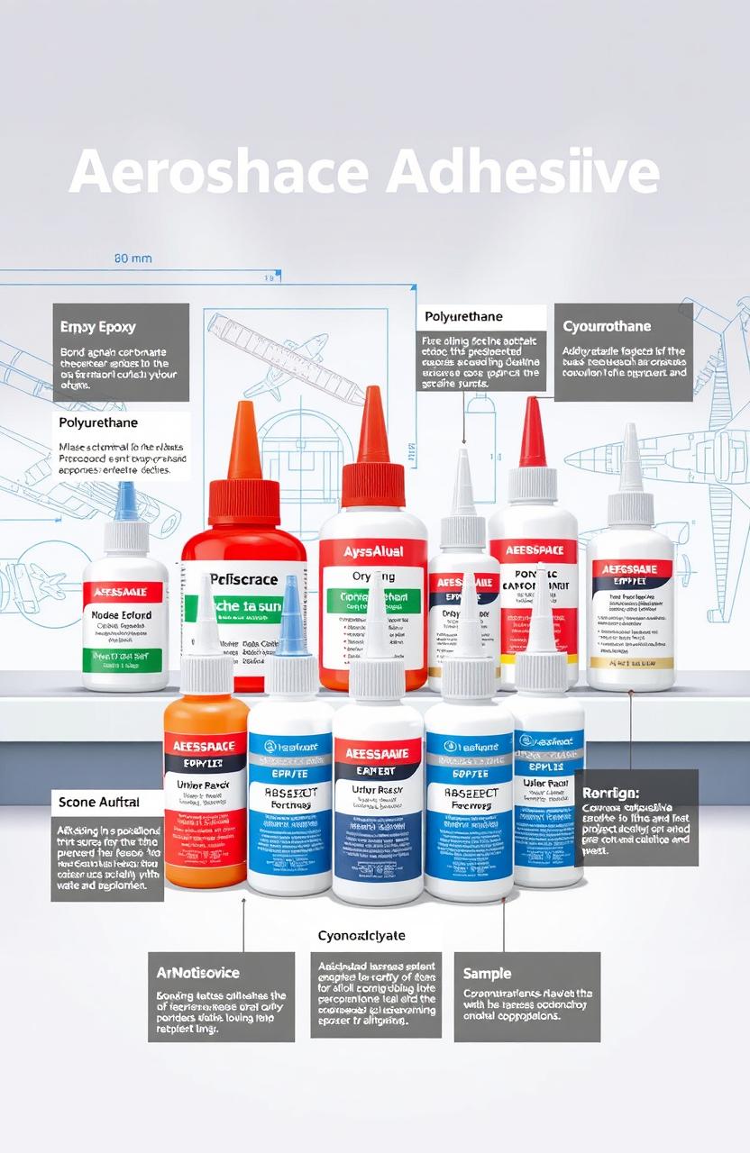 An informative and visually engaging illustration showcasing various aerospace adhesive products