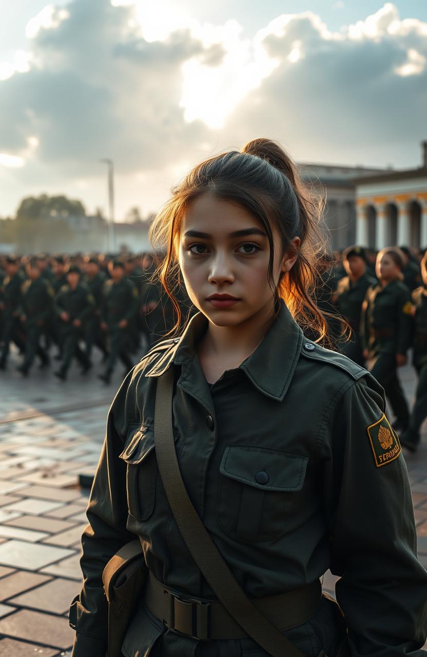 A young woman named Anayre Toronat stands with a determined expression in a military camp filled with teenagers, the tension palpable in the air