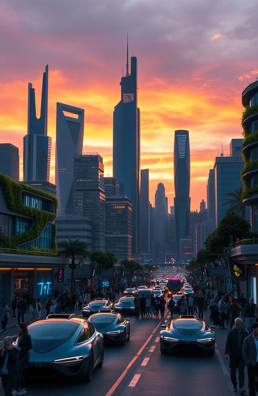 A futuristic city skyline at sunset, showcasing towering skyscrapers with unique architectural designs made of glass and steel
