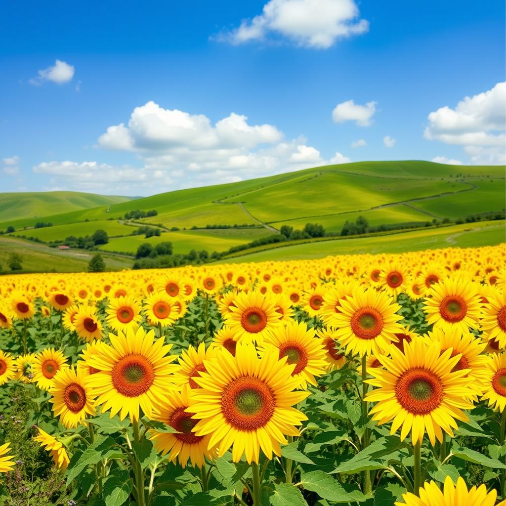 A vibrant and picturesque landscape featuring a vast field of blooming sunflowers under a bright blue sky