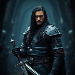A medieval mercenary dressed in sleek black leather armor, showcasing an impressive combination of protection and agility