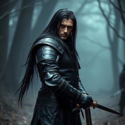 A medieval mercenary dressed in sleek black leather armor, showcasing an impressive combination of protection and agility