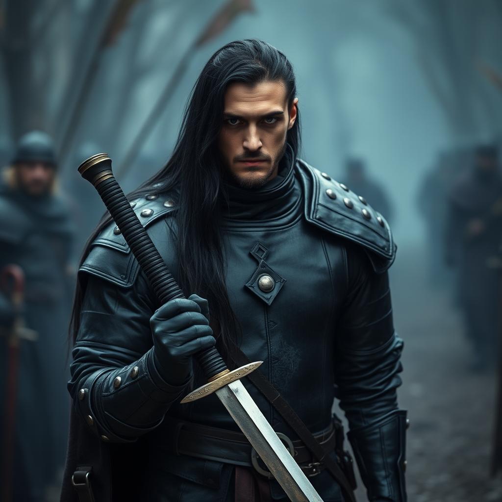 A medieval mercenary dressed in sleek black leather armor, showcasing an impressive combination of protection and agility
