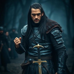 A medieval mercenary dressed in sleek black leather armor, showcasing an impressive combination of protection and agility