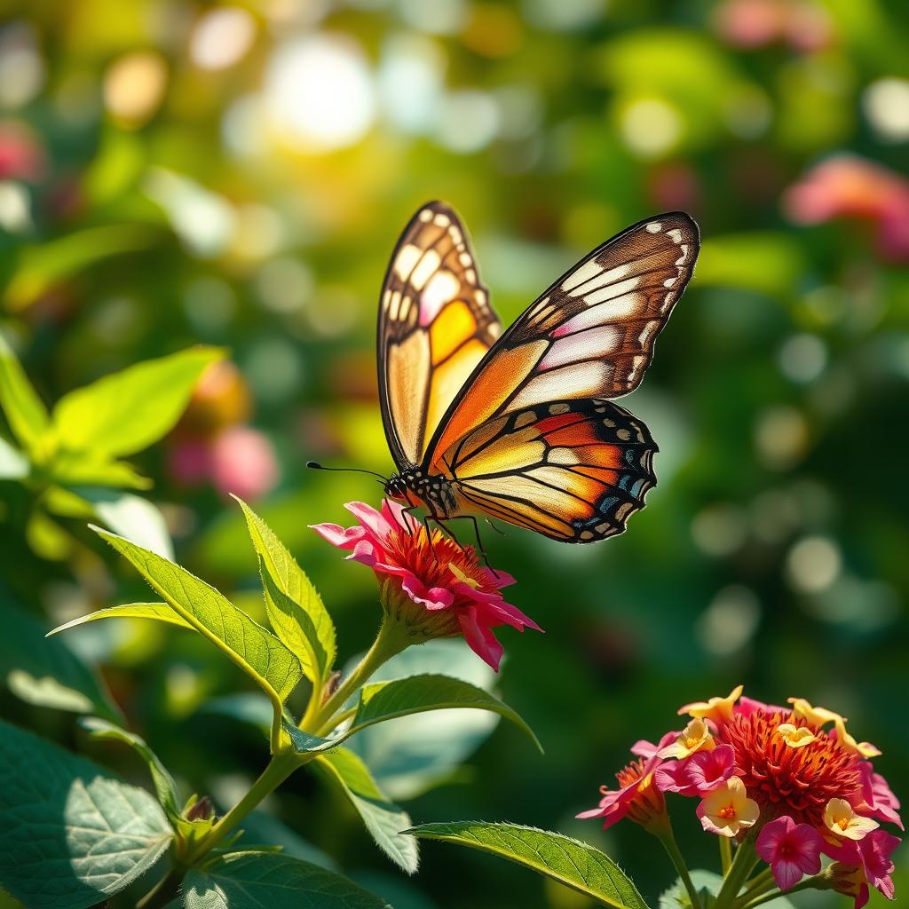 A realistic butterfly perched elegantly on a vibrant flower in a lush, green natural environment