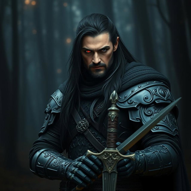 A medieval warrior clad in sleek black armor, showcasing intricate designs and details