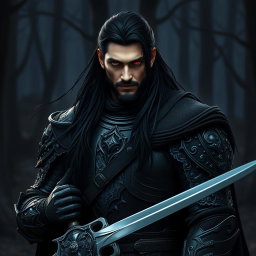 A medieval warrior clad in sleek black armor, showcasing intricate designs and details