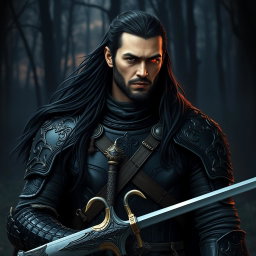 A medieval warrior clad in sleek black armor, showcasing intricate designs and details