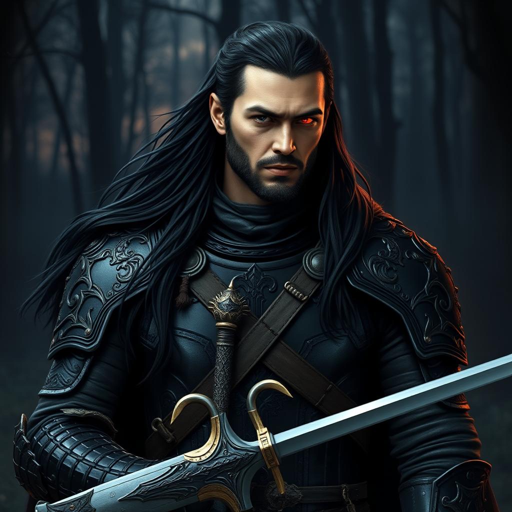 A medieval warrior clad in sleek black armor, showcasing intricate designs and details