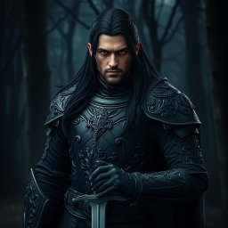A medieval warrior clad in sleek black armor, showcasing intricate designs and details