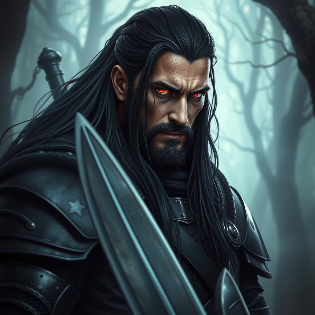 A powerful medieval warrior clad in striking black armor, exuding an aura of strength and determination