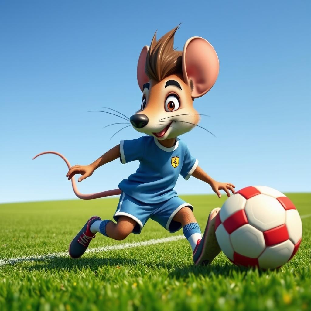 A whimsical scene of a cartoon mouse playing football, depicted in an action pose as if kicking a ball