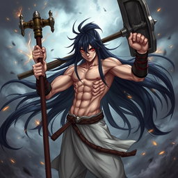 A fierce warrior with long flowing black hair and one striking red pupil, standing confidently in a dramatic pose