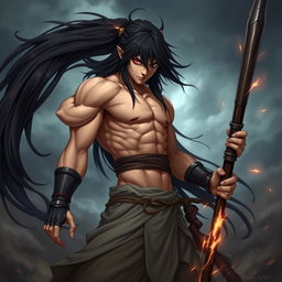 A fierce warrior with long flowing black hair and one striking red pupil, standing confidently in a dramatic pose