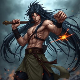 A fierce warrior with long flowing black hair and one striking red pupil, standing confidently in a dramatic pose