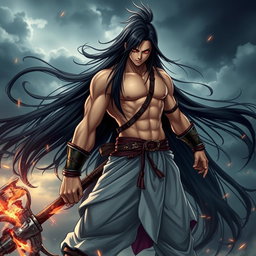 A fierce warrior with long flowing black hair and one striking red pupil, standing confidently in a dramatic pose