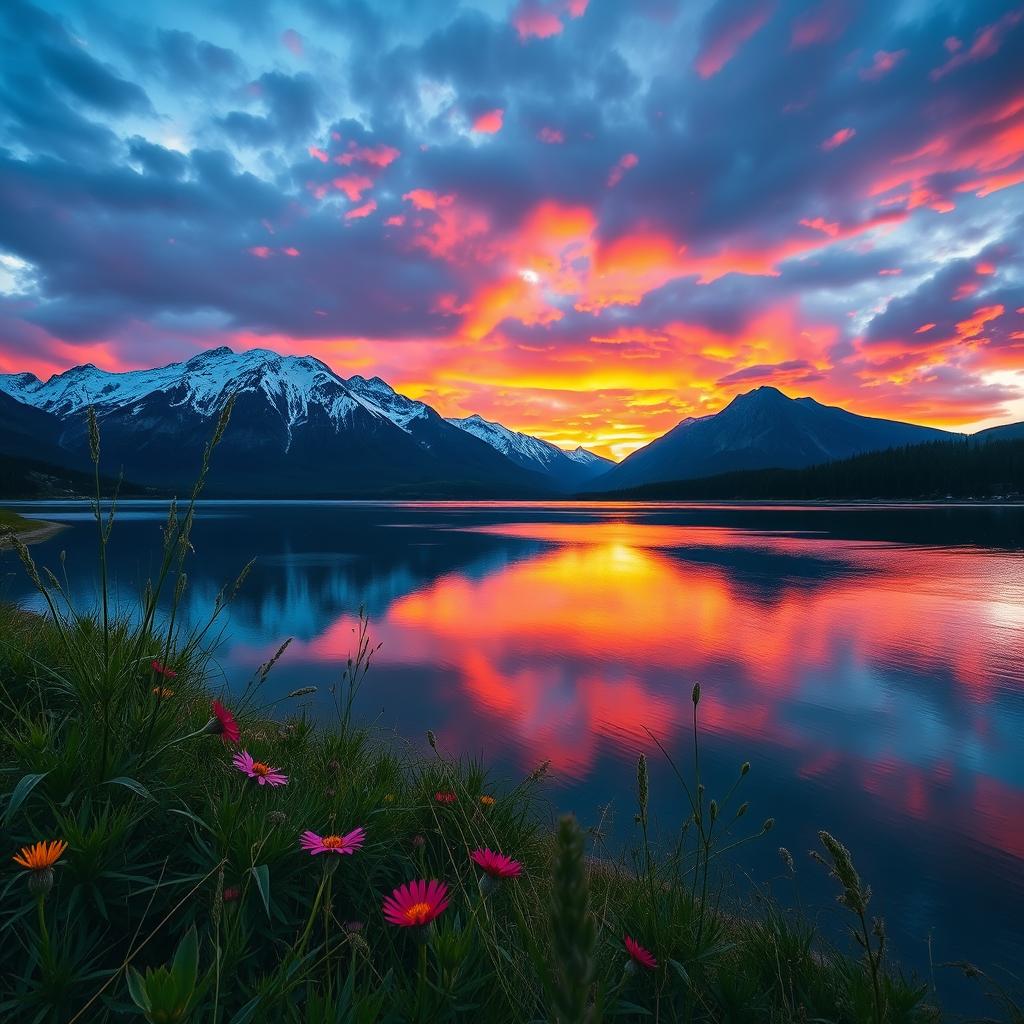 A stunning landscape photography scene showcasing a serene lake during sunset, with vibrant colors reflecting off the water