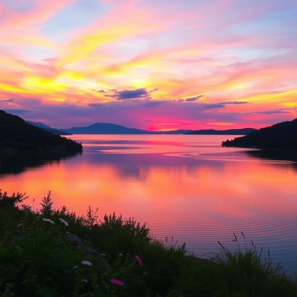 A breathtaking landscape photograph showcasing a vibrant sunset over a tranquil lake, with the sky filled with hues of orange, pink, and purple reflecting on the water