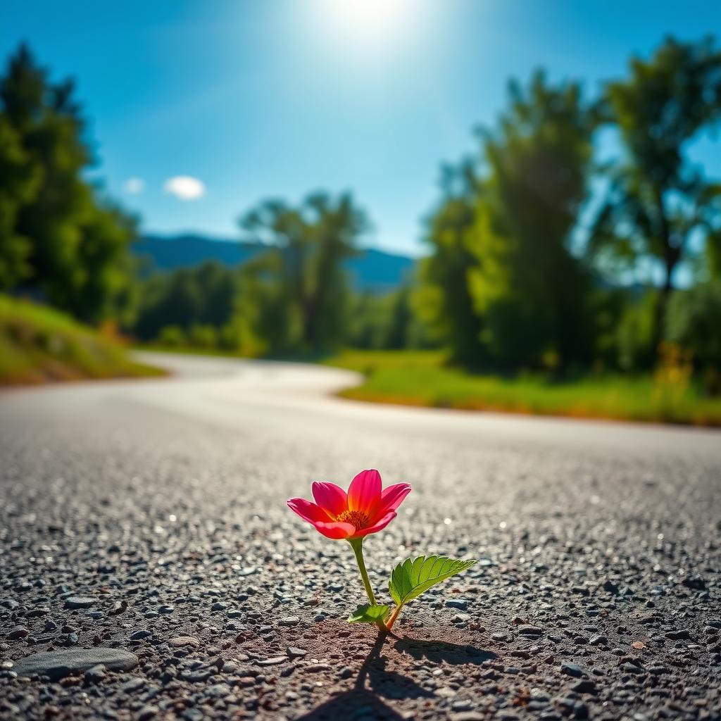 A vibrant flower growing in the middle of a sunlit road
