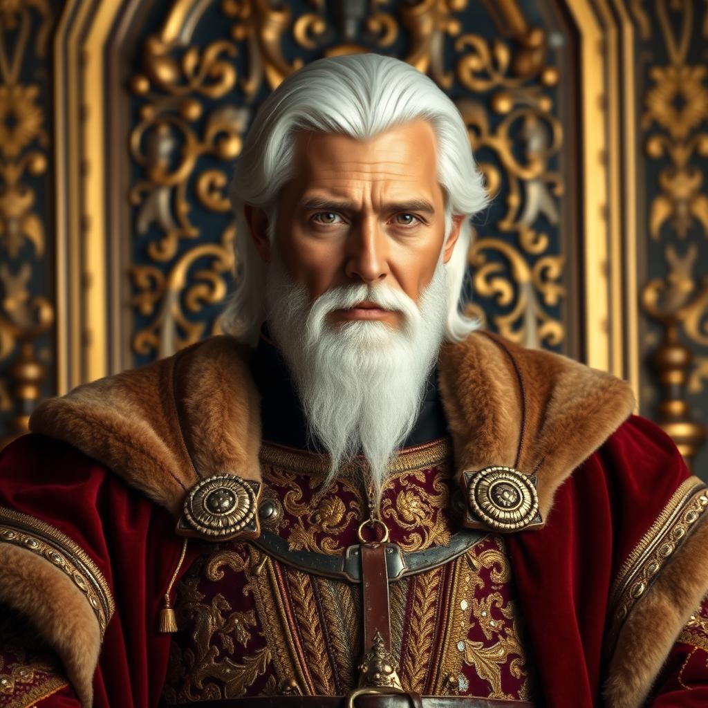 A regal king approximately 38 years old, exuding authority and wisdom