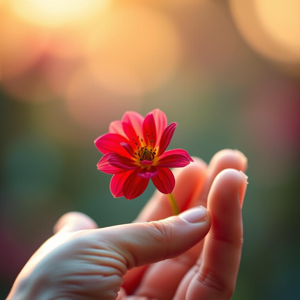 A beautifully crafted, close-up image of a delicate flower being gently held in a hand