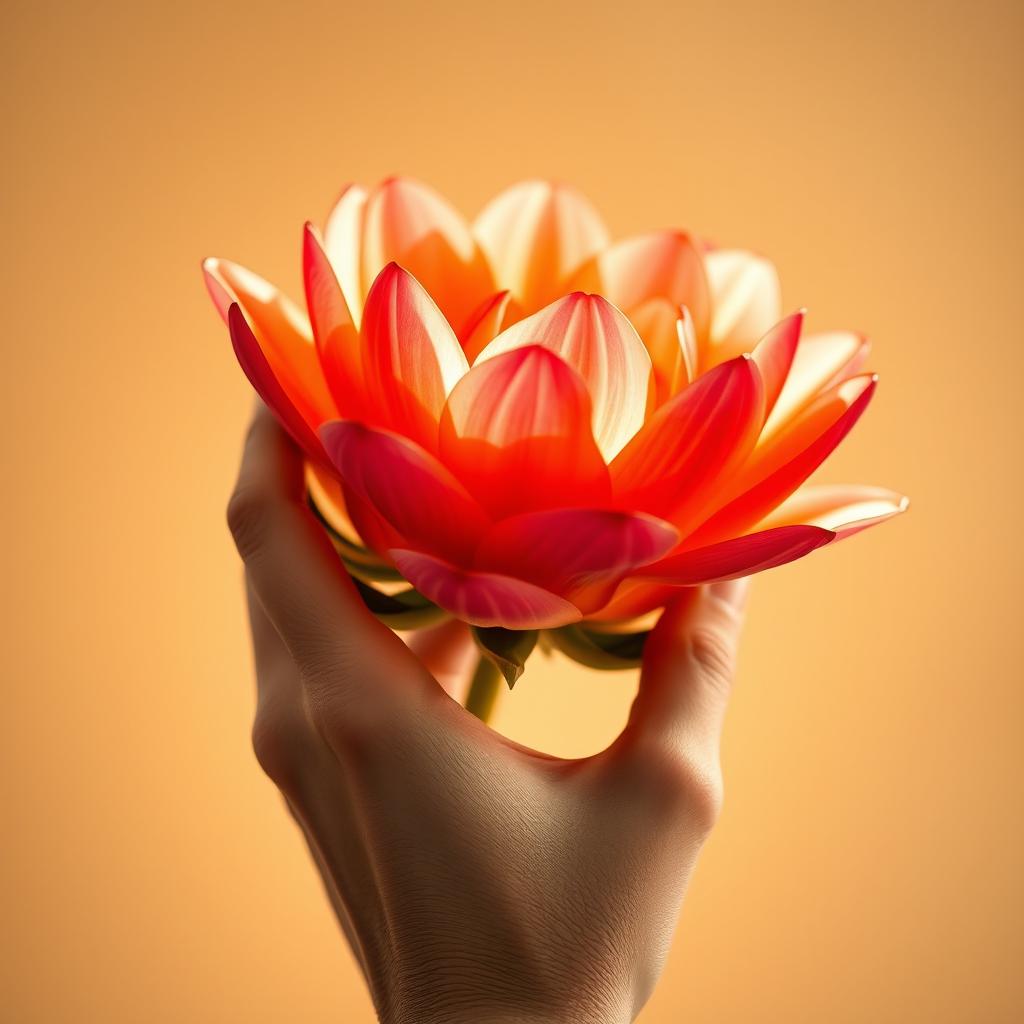 A graceful close-up of a human hand delicately holding a vibrant, blooming flower