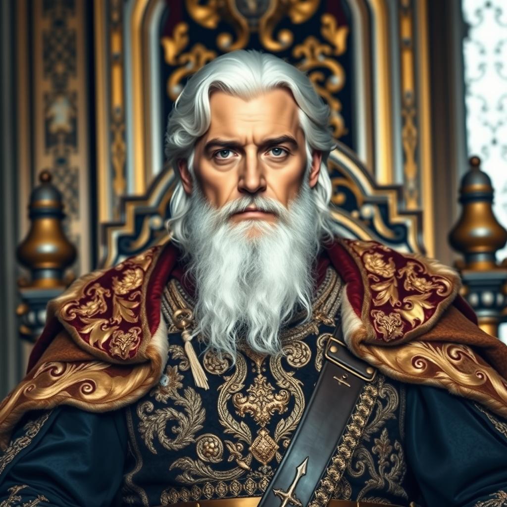 A 30-year-old king exuding authority and wisdom, with pure white hair falling in soft waves to his shoulders, framing his dignified face