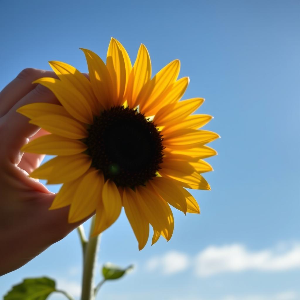 A beautifully detailed sunflower being held delicately in a person's hand against a clear blue sky