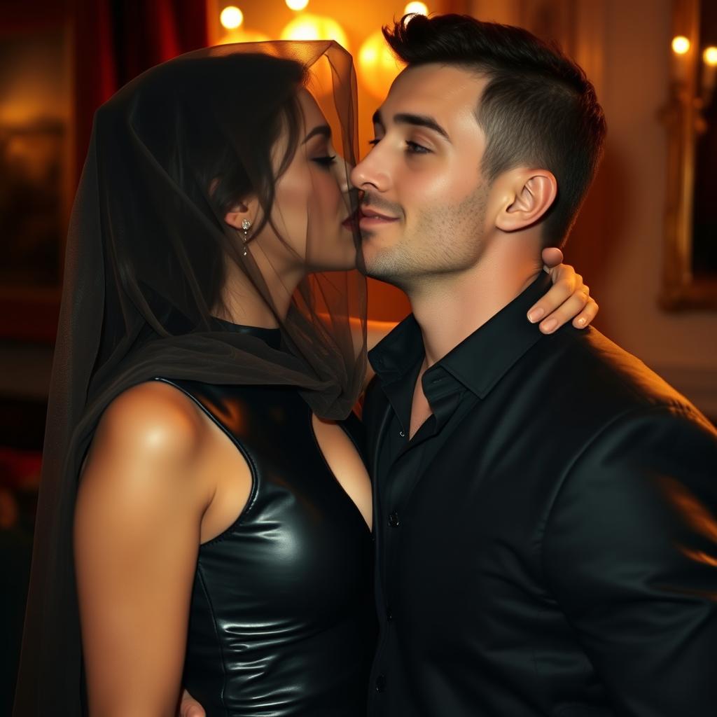 A veiled woman exuding an air of mystery, dressed in a sleek, form-fitting leather dress that accentuates her silhouette