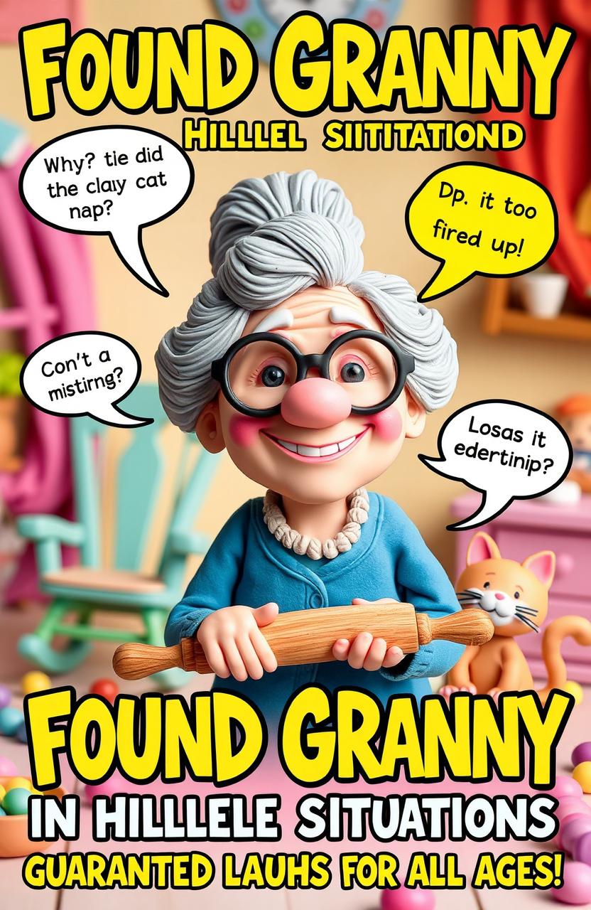 A whimsical and cozy scene featuring a mischievous clay-style granny with a playful smile, messy bun, and oversized glasses