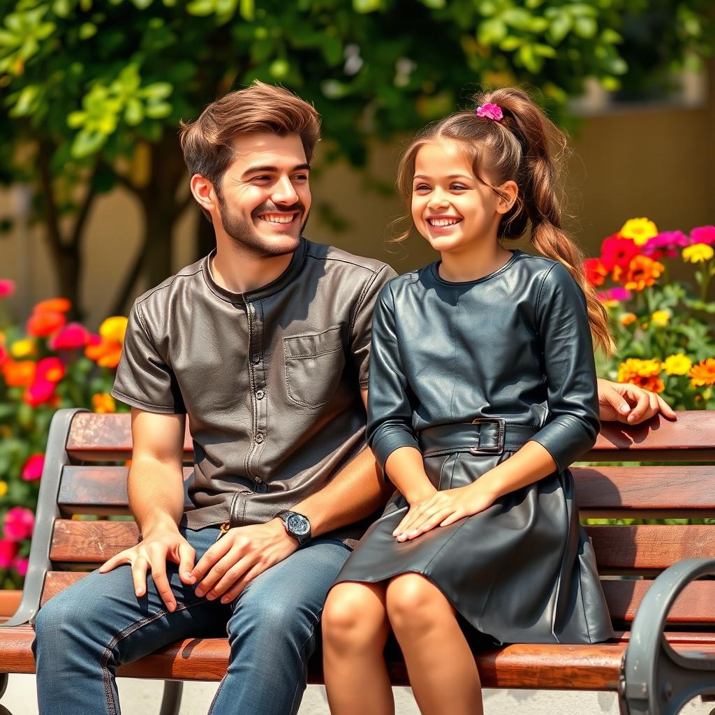 A charming scene featuring a man wearing a stylish leather T-shirt sitting on a bench with a playful, imaginative expression