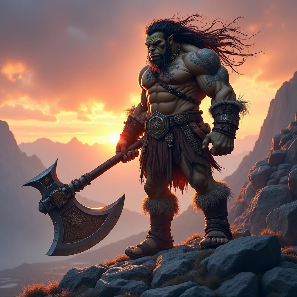 A fierce orc barbarian standing proudly on a rocky mountain peak, the wind whipping through his long, unkempt hair