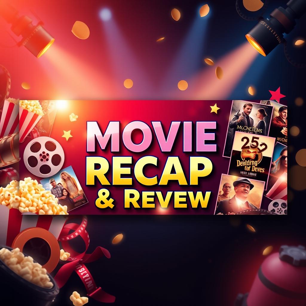 A vibrant Facebook banner design featuring an eye-catching movie-themed background, showcasing iconic film elements such as popcorn, film reels, and dramatic lighting