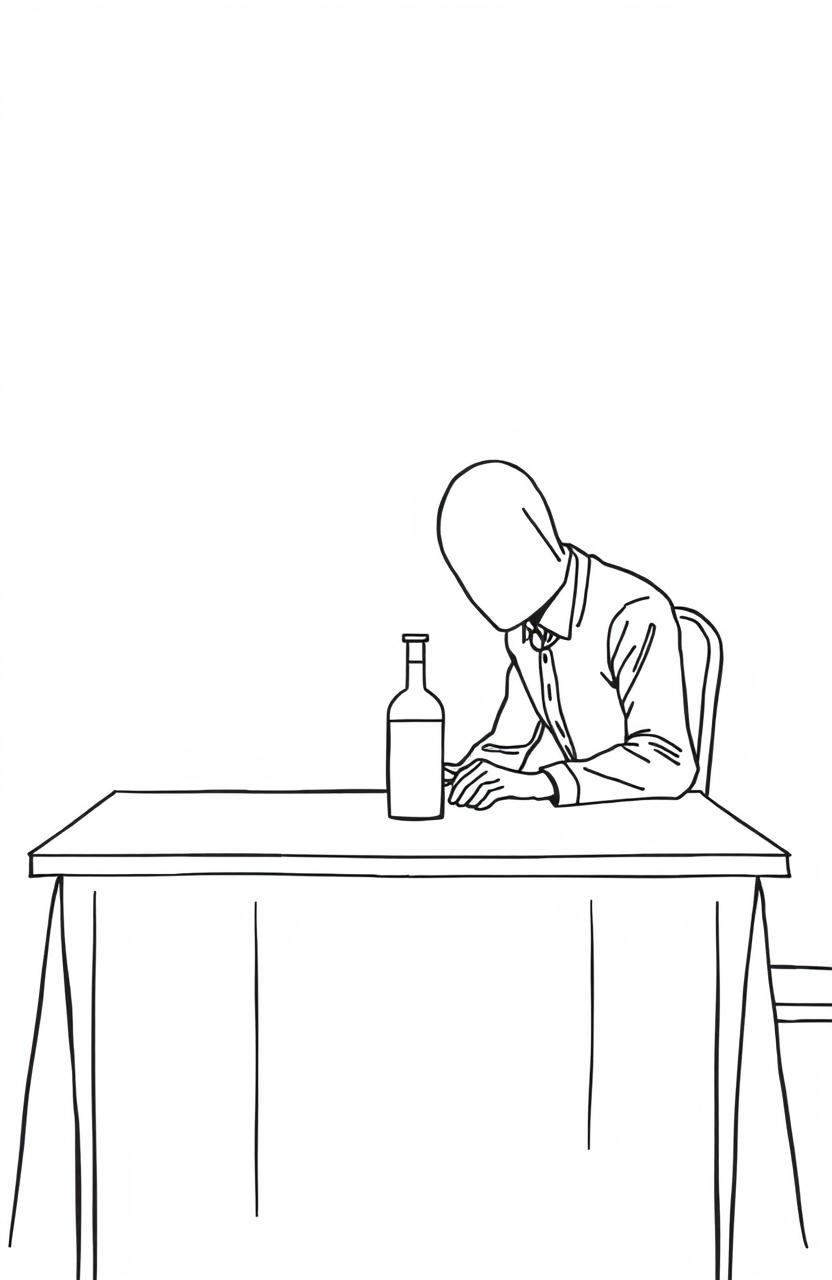 A minimalist one line art illustration of a faceless man sitting at a dining table, gazing intently at a bottle of poison