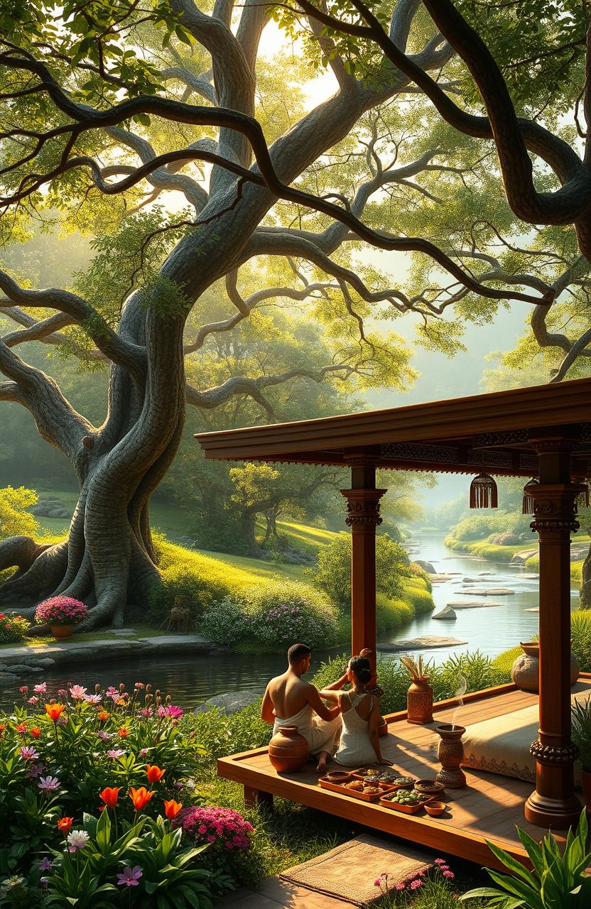 A richly detailed landscape showcasing the serene essence of Ayurvedic practices