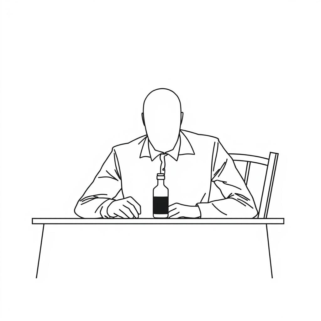 A minimalist one line art illustration of a faceless man sitting at a dining table, intently staring at a tiny bottle of poison