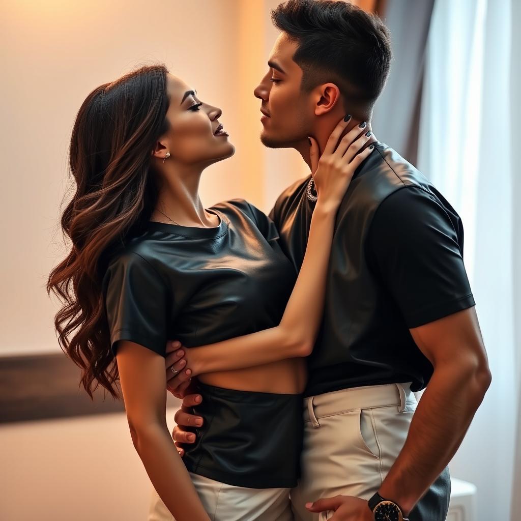 A romantic scene depicting a man kissing a woman who is stylishly dressed in a black leather T-shirt paired with a chic white leather skirt
