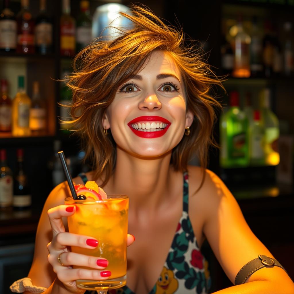 A slightly tipsy young woman with bright red lipstick, her hair stylishly disheveled, sitting at a bar counter, holding a colorful cocktail in one hand