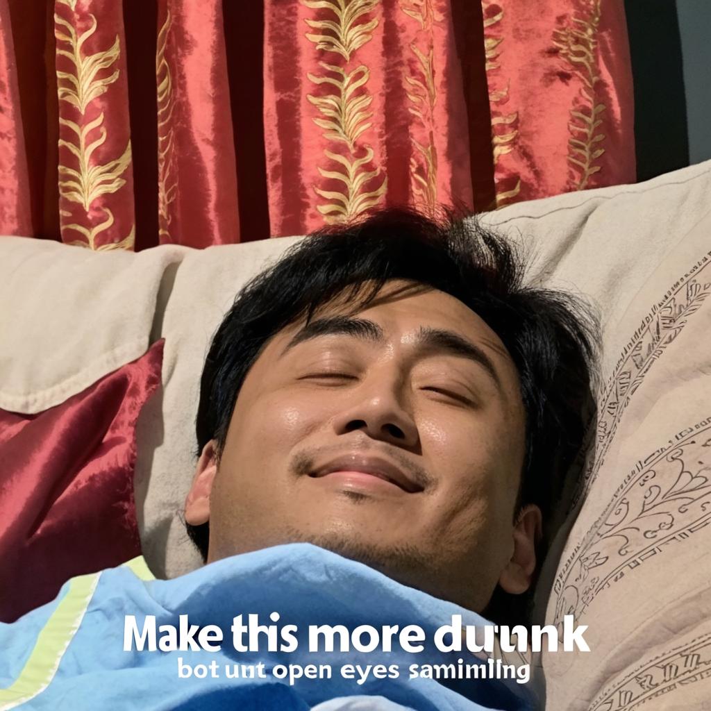 Make this more drunk but open eyes and smiling