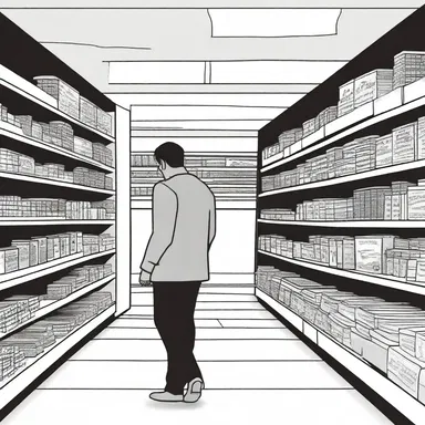 He wandered aimlessly through the store, looking for the punchline that seemed to be missing.