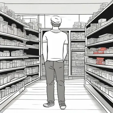 He wandered aimlessly through the store, looking for the punchline that seemed to be missing.