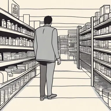 He wandered aimlessly through the store, looking for the punchline that seemed to be missing.
