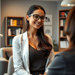 A portrait of an athletic brunette psychiatrist with C-cup breasts, wearing glasses, and exuding confidence