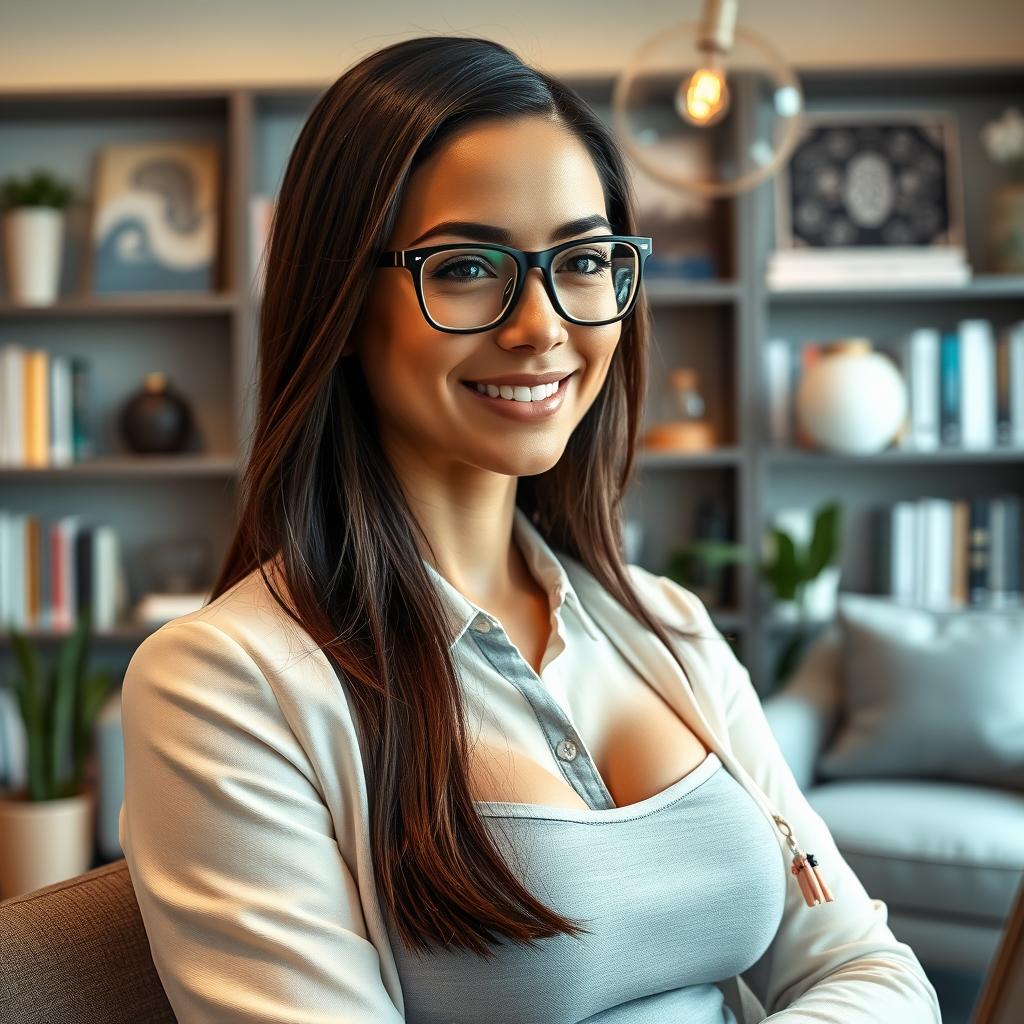 A portrait of an athletic brunette psychiatrist with C-cup breasts, wearing glasses, and exuding confidence
