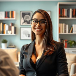 A portrait of an athletic brunette psychiatrist with B-cup breasts, wearing glasses, and exuding confidence